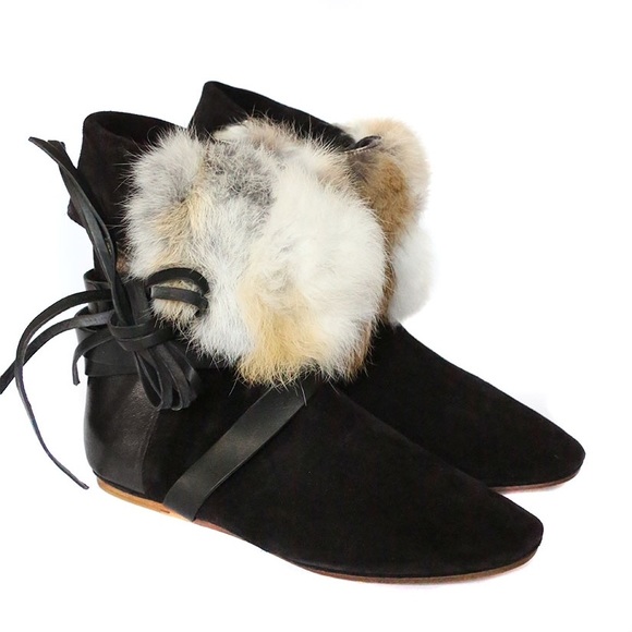Isabel Marant NIA Gray Leather and Rabbit Fur Flat Boots - Picture 3 of 14